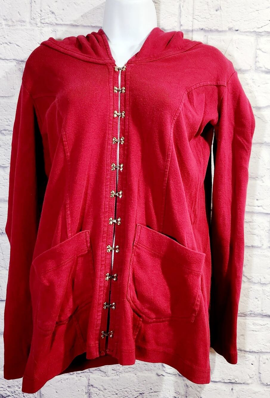 Barbara Lesser Burgundy Hooded Hook & Eye Cardigan Small Pockets Long Sleeves